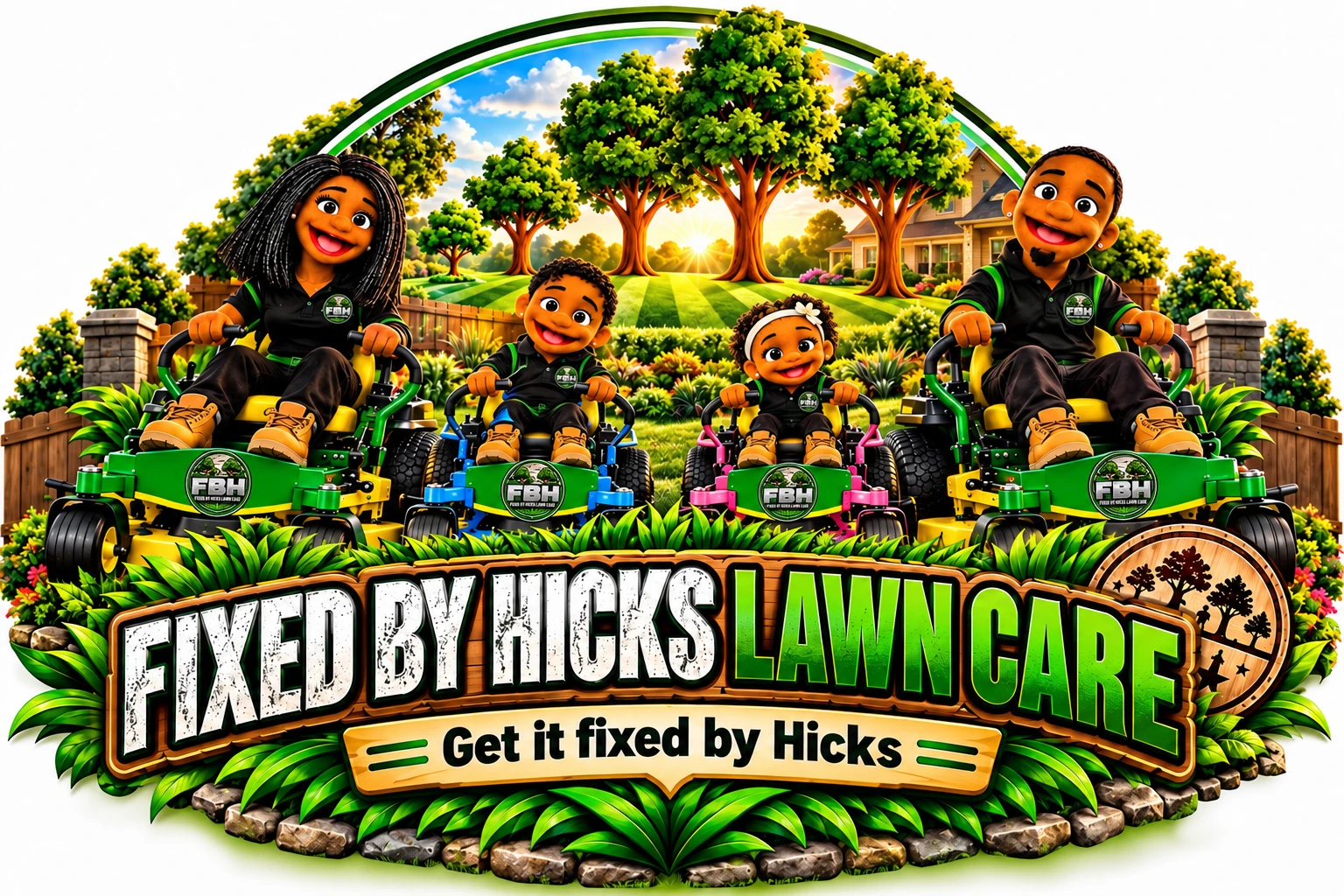 Fixed by Hicks branded family artwork: The family mower crew