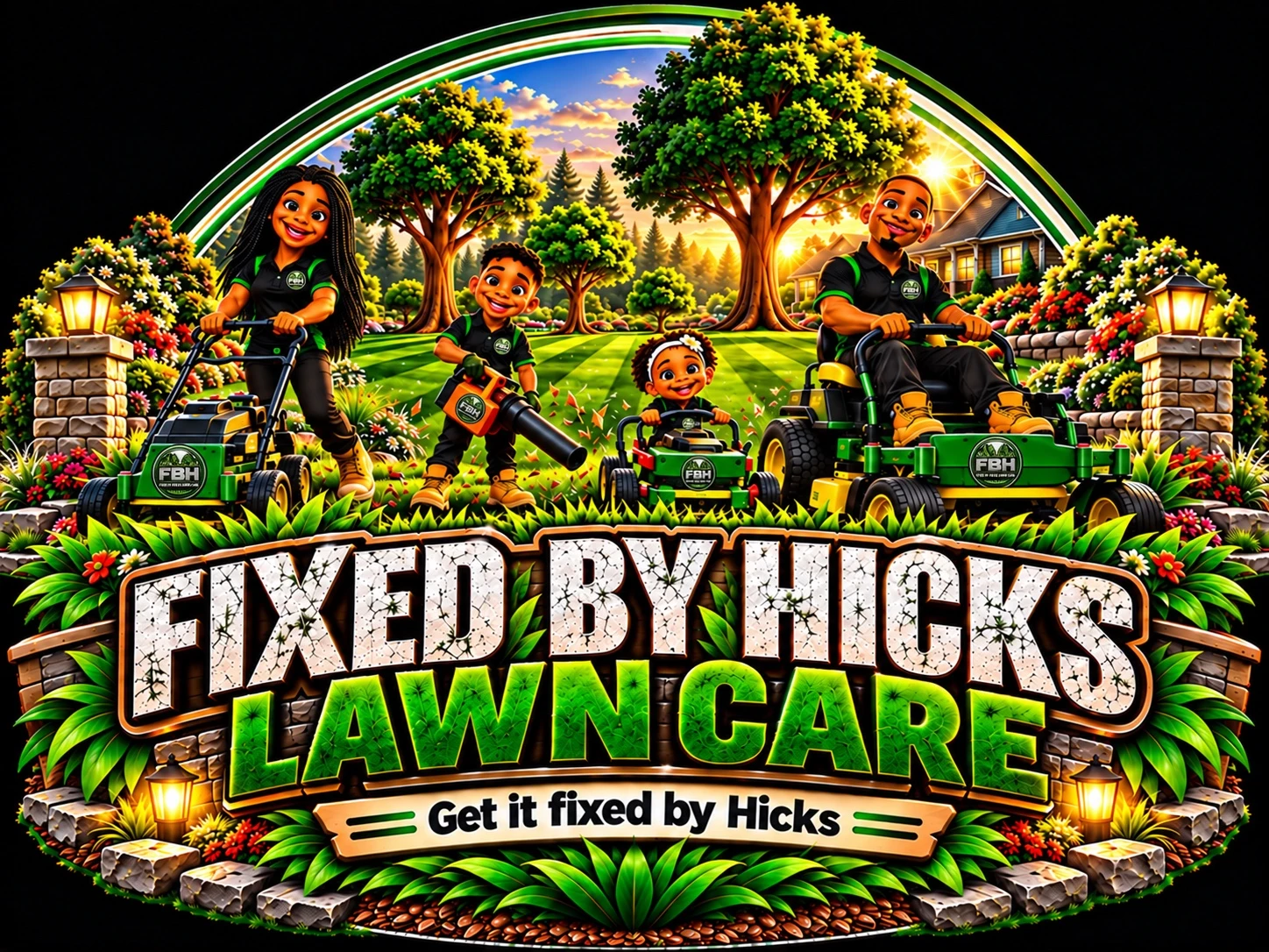 Fixed by Hicks Lawn Care family logo: Get it fixed by Hicks.